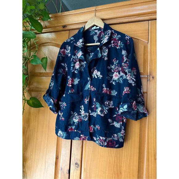 Maurices Jacket Womens Floral Blue Linen Button Up Boho Art Pockets SZ L - Picture 5 of 12